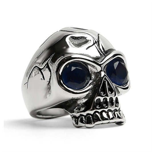 Stainless Steel Blue CZ Eyed Cracked Skull Ring