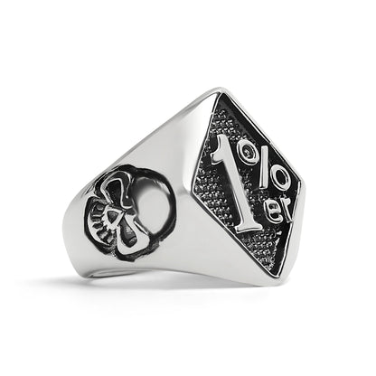 Stainless Steel "1%er" With Skull Accents Signet Ring