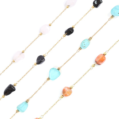 18K Gold PVD Stainless Steel Beaded Stone Chain - By The Foot