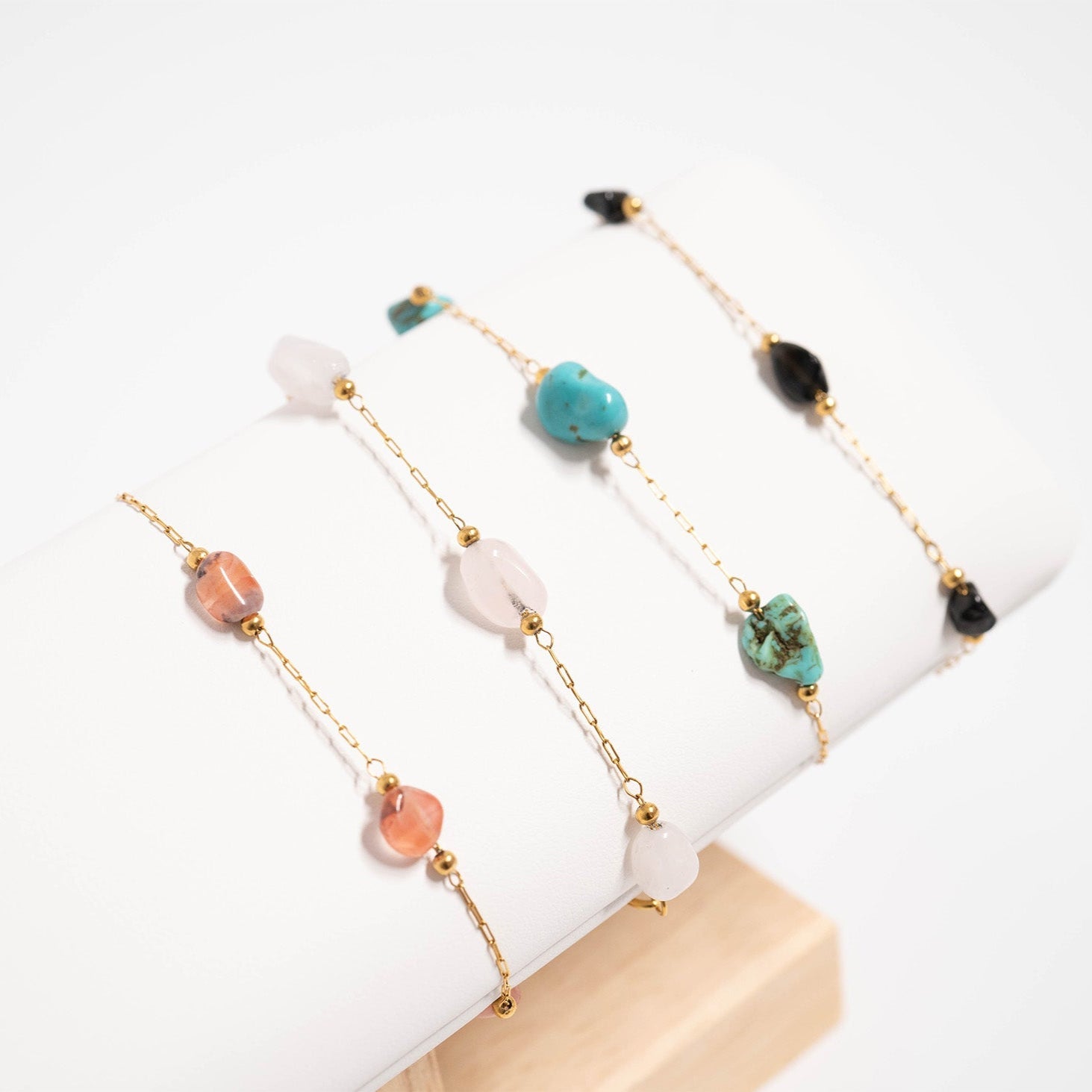 18K Gold PVD Stainless Steel Beaded Stone Chain - By The Foot