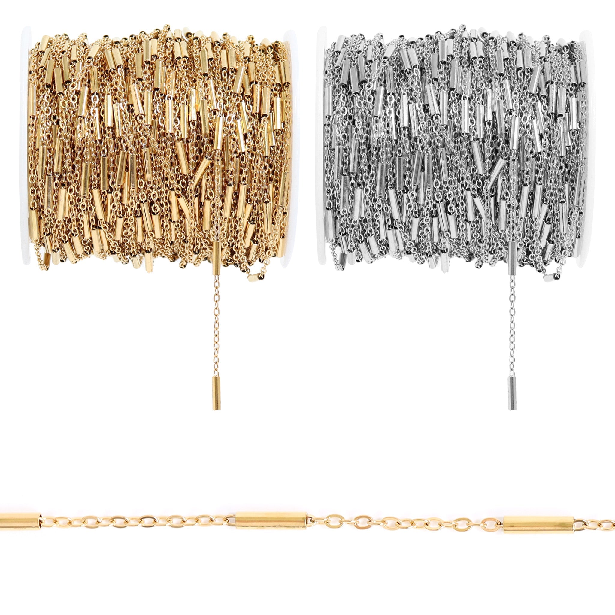 18K Gold PVD Stainless Steel Satellite Bar Chain - By The Foot