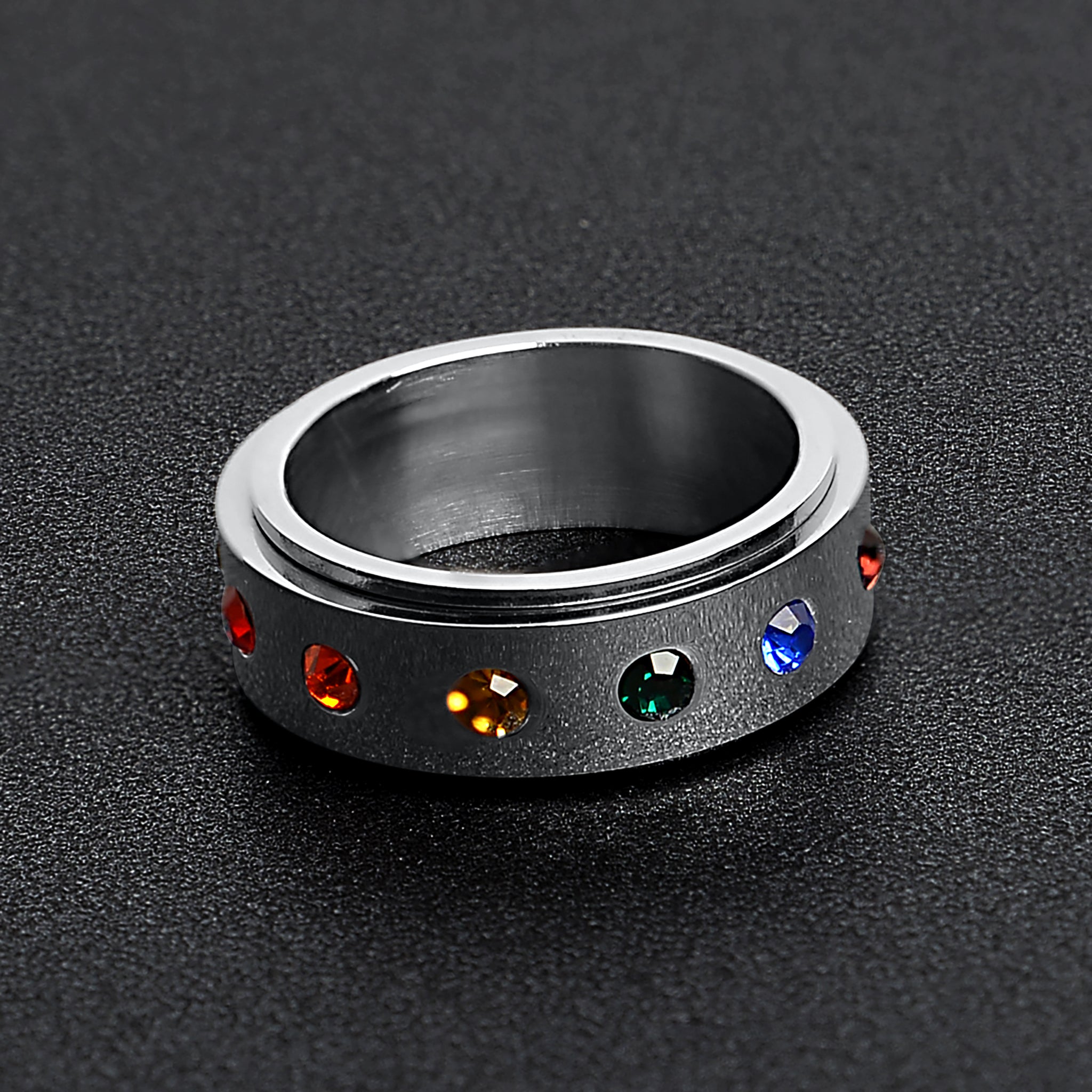 Stainless Steel Rainbow CZ Spinner Center Highly Polished Ring