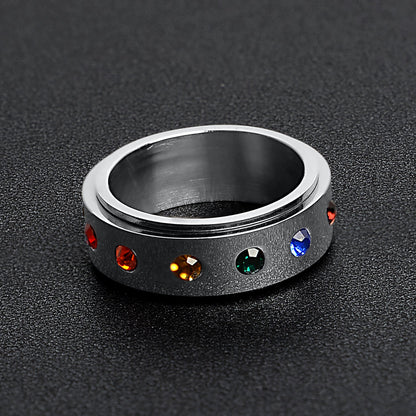 Stainless Steel Rainbow CZ Spinner Center Highly Polished Ring