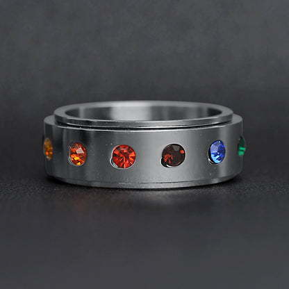 Stainless Steel Rainbow CZ Spinner Center Highly Polished Ring