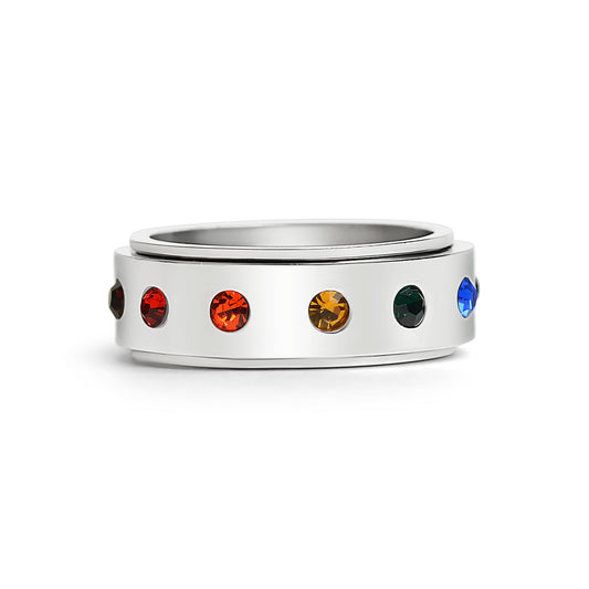 Stainless Steel Rainbow CZ Spinner Center Highly Polished Ring