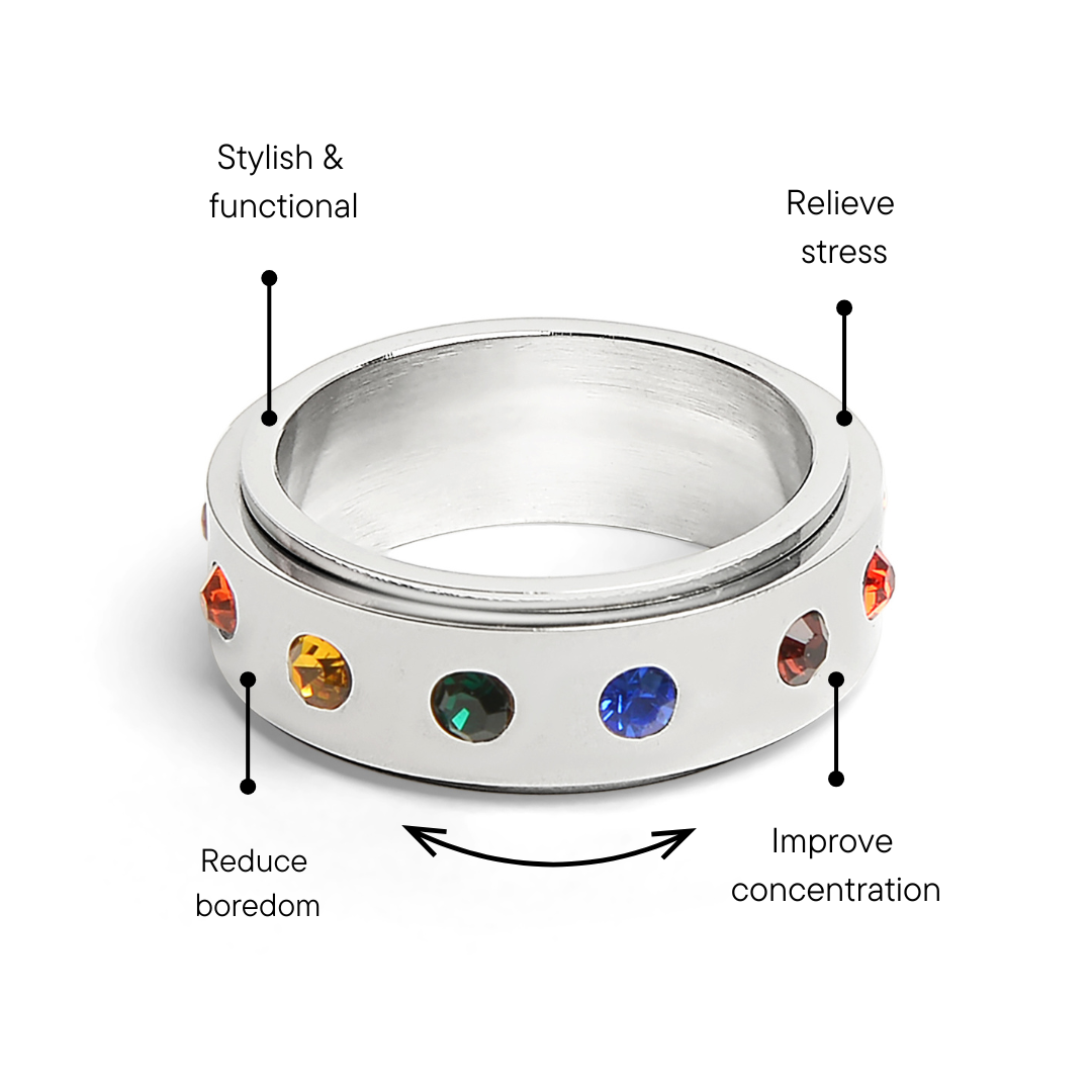 Stainless Steel Rainbow CZ Spinner Center Highly Polished Ring