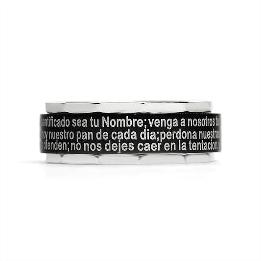 Black Stainless Steel Spanish Lord's Prayer Center Spinner Ring