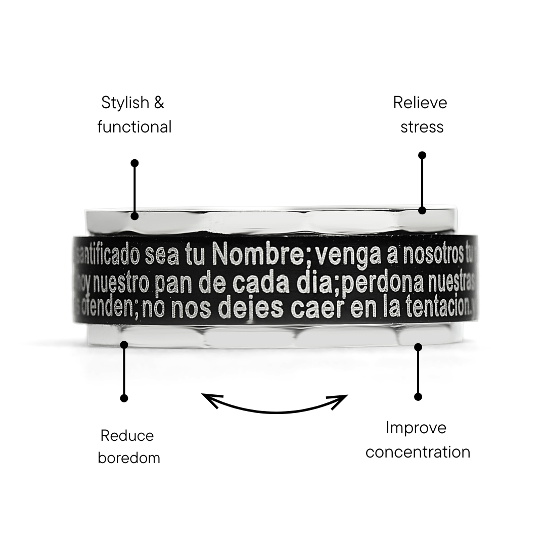 Black Stainless Steel Spanish Lord's Prayer Center Spinner Ring