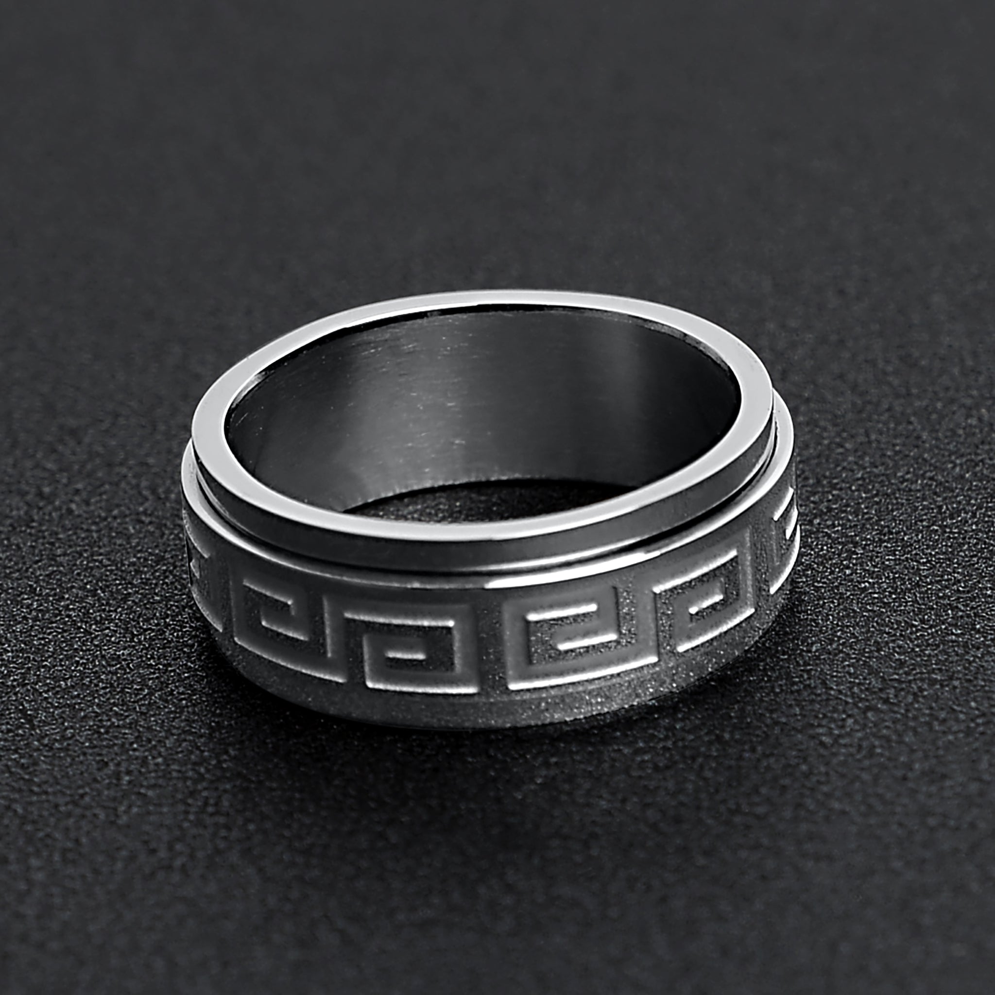 Stainless Steel Highly Polished Greek Key Spinner Ring
