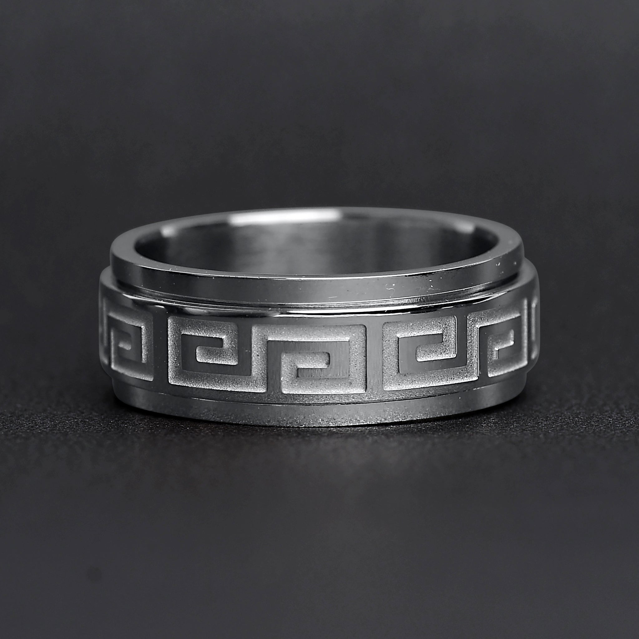 Stainless Steel Highly Polished Greek Key Spinner Ring