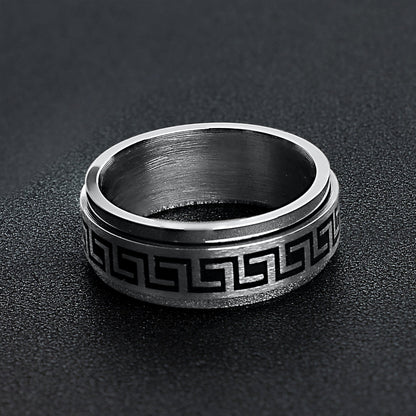 Stainless Steel Black Greek Key Spinner Center Polished Ring