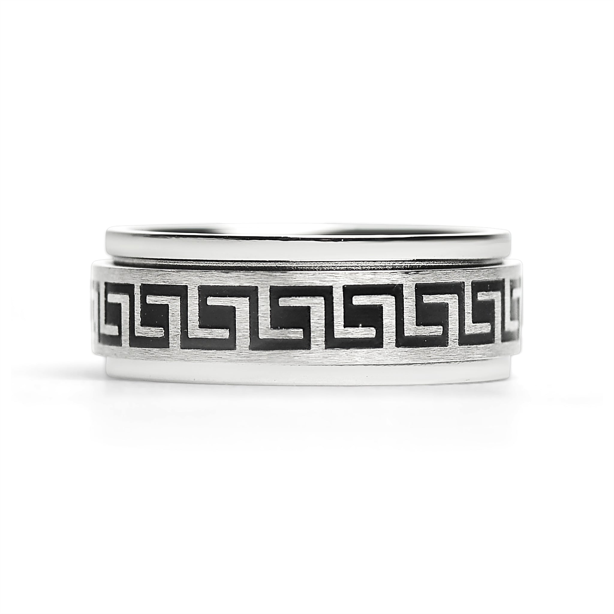 Stainless Steel Black Greek Key Spinner Center Polished Ring