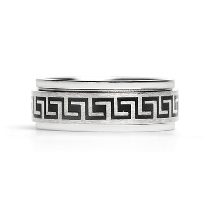 Stainless Steel Black Greek Key Spinner Center Polished Ring