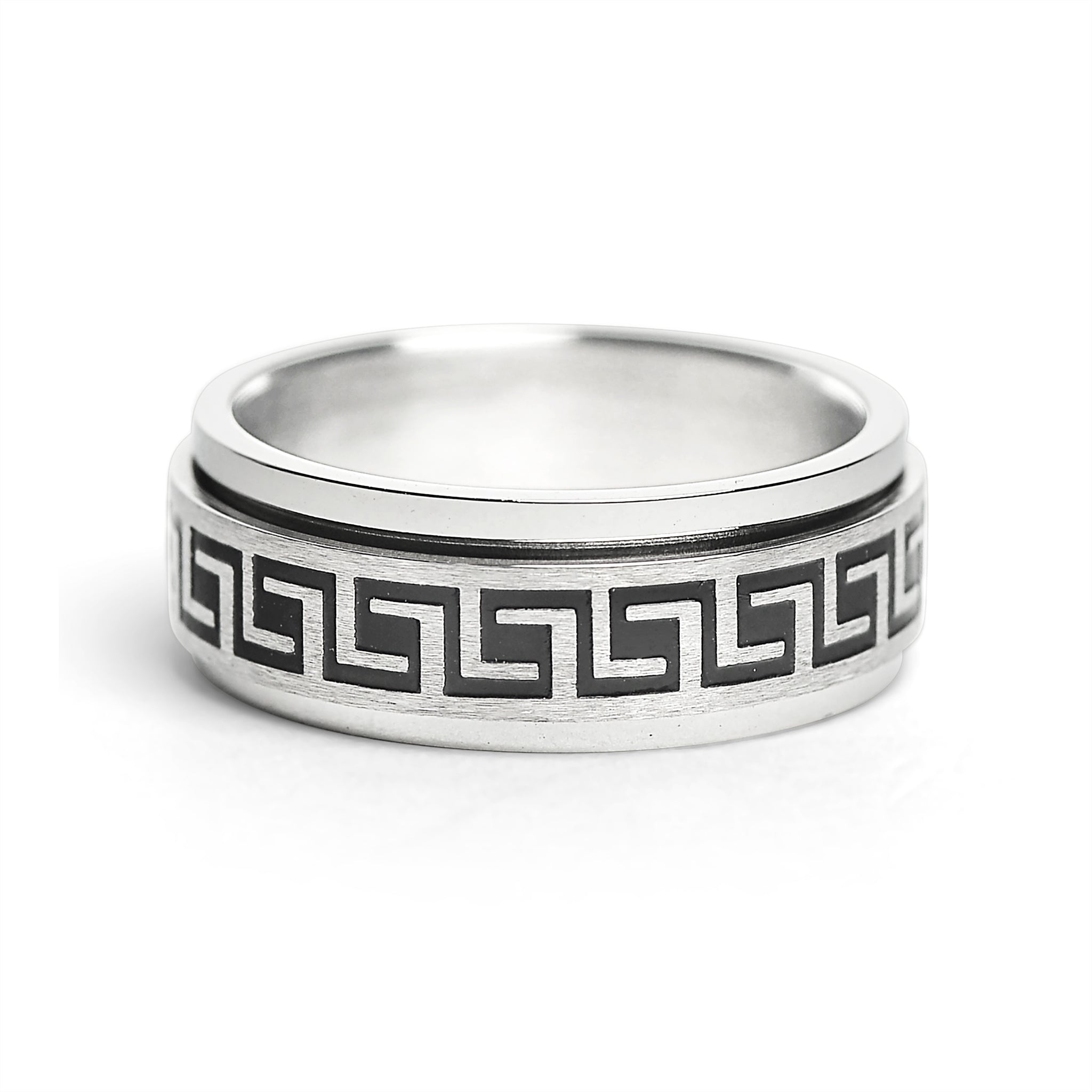 Stainless Steel Black Greek Key Spinner Center Polished Ring