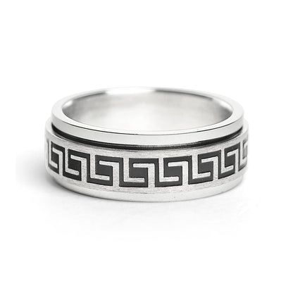 Stainless Steel Black Greek Key Spinner Center Polished Ring