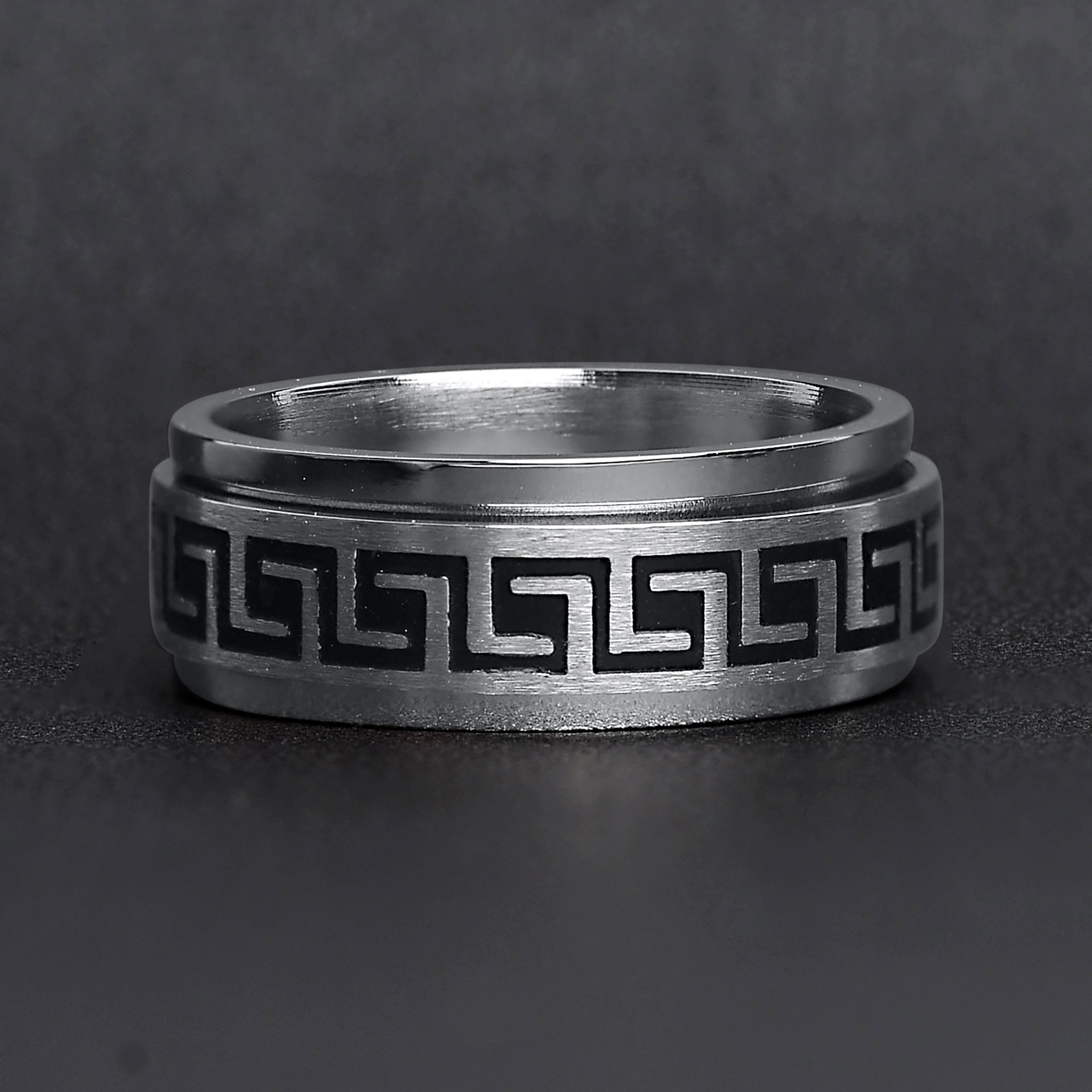 Stainless Steel Black Greek Key Spinner Center Polished Ring