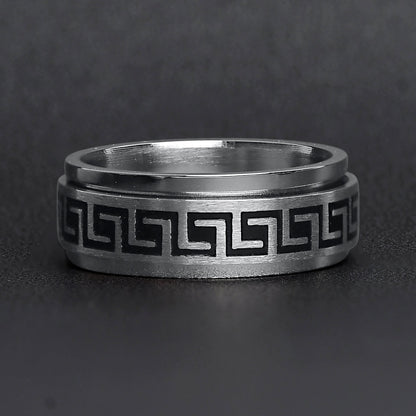 Stainless Steel Black Greek Key Spinner Center Polished Ring
