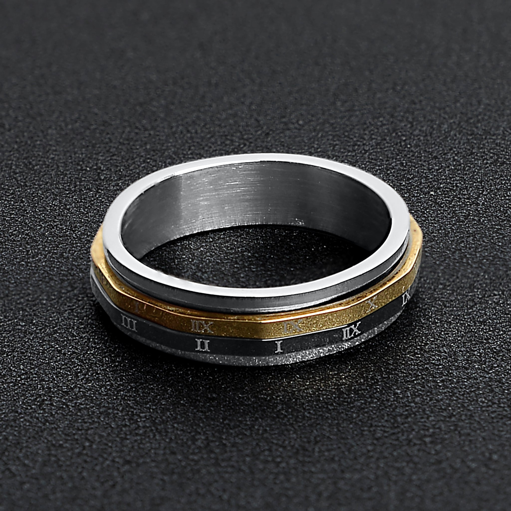 18K Gold PVD Stainless Steel & Black Roman Numerals Spinner Ring