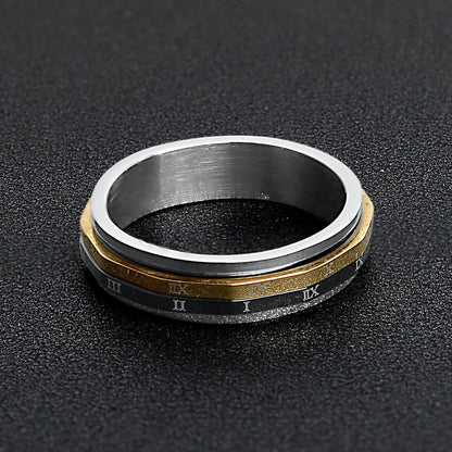 18K Gold PVD Stainless Steel & Black Roman Numerals Spinner Ring