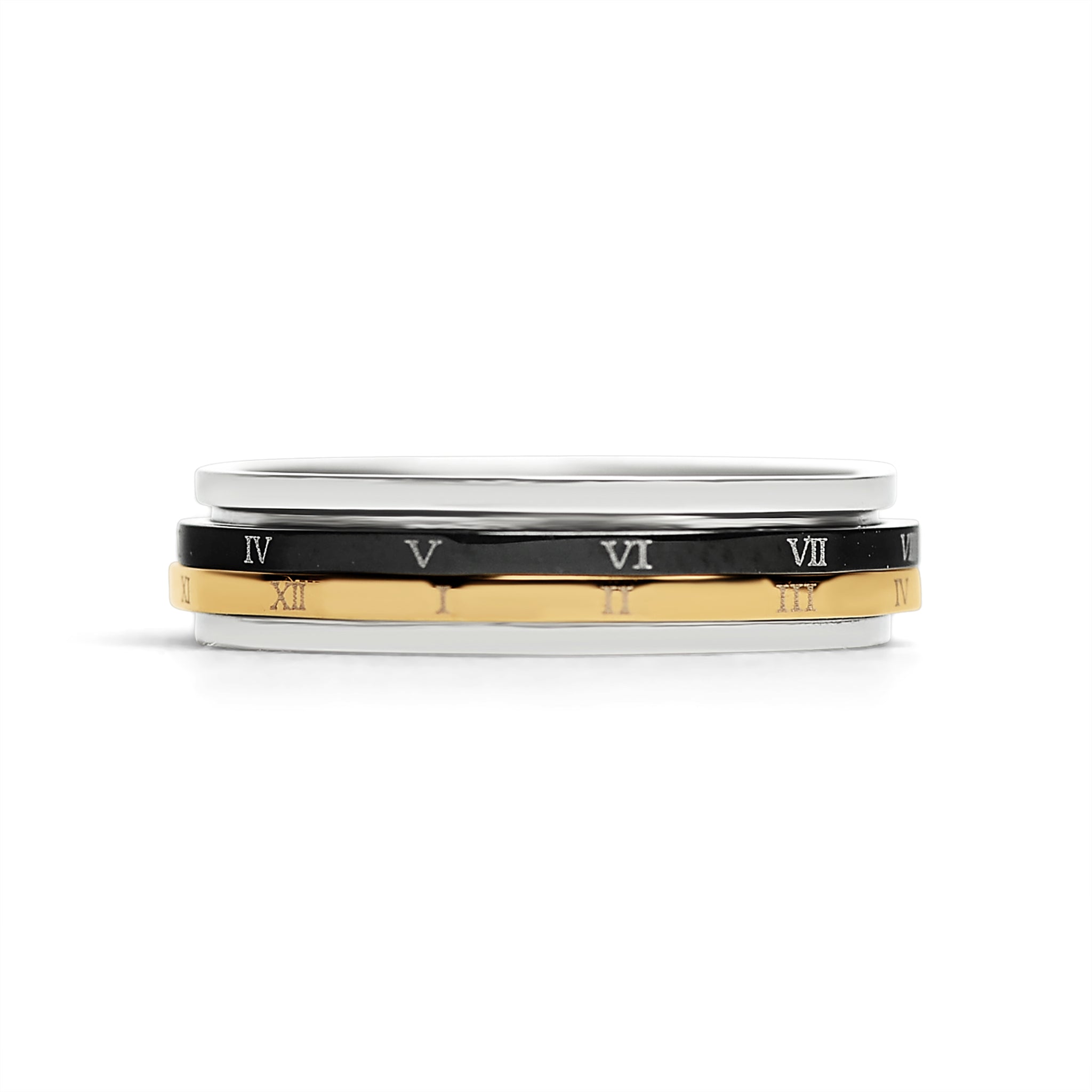 18K Gold PVD Stainless Steel & Black Roman Numerals Spinner Ring