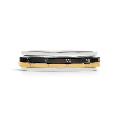 18K Gold PVD Stainless Steel & Black Roman Numerals Spinner Ring
