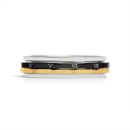 18K Gold PVD Stainless Steel & Black Roman Numerals Spinner Ring