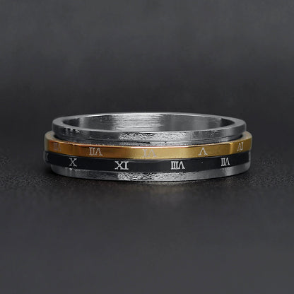 18K Gold PVD Stainless Steel & Black Roman Numerals Spinner Ring