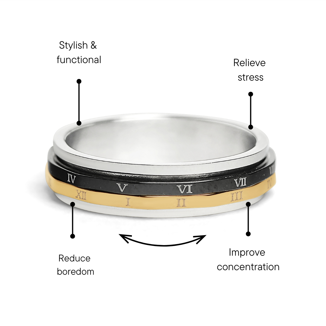 18K Gold PVD Stainless Steel & Black Roman Numerals Spinner Ring
