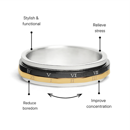 18K Gold PVD Stainless Steel & Black Roman Numerals Spinner Ring