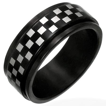 Stainless Steel Black Checker Spinner Ring