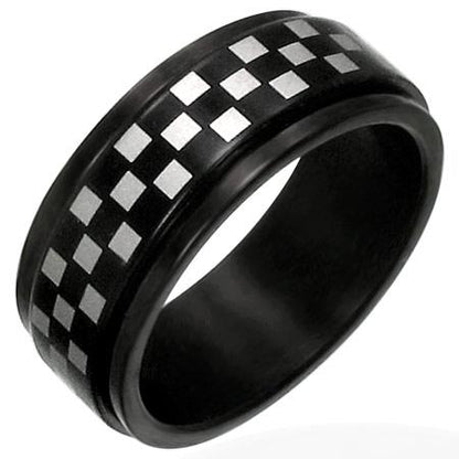 Stainless Steel Black Checker Spinner Ring