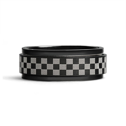 Stainless Steel Black Checker Spinner Ring