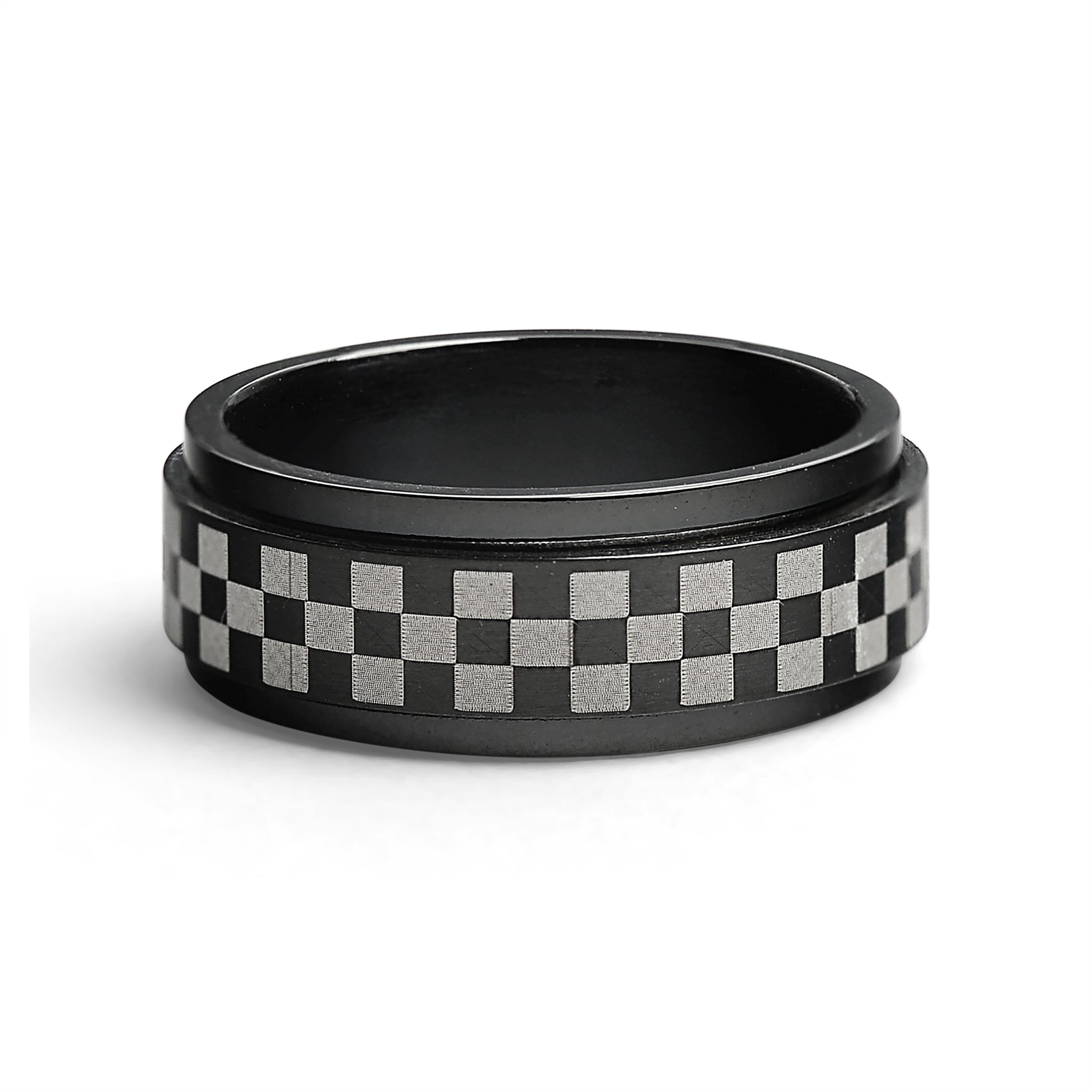 Stainless Steel Black Checker Spinner Ring