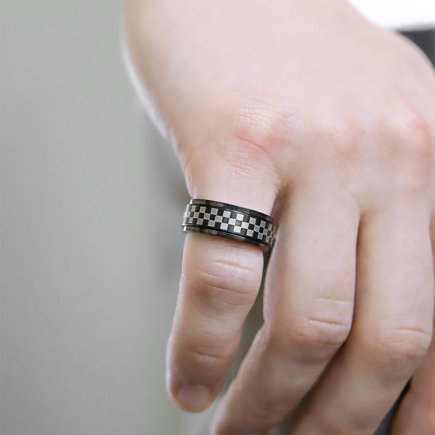 Stainless Steel Black Checker Spinner Ring