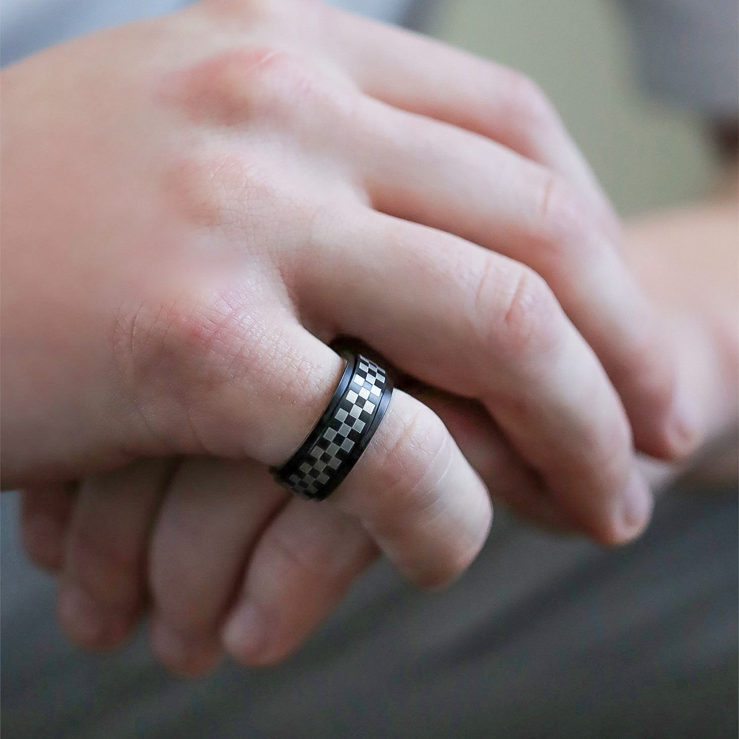 Stainless Steel Black Checker Spinner Ring