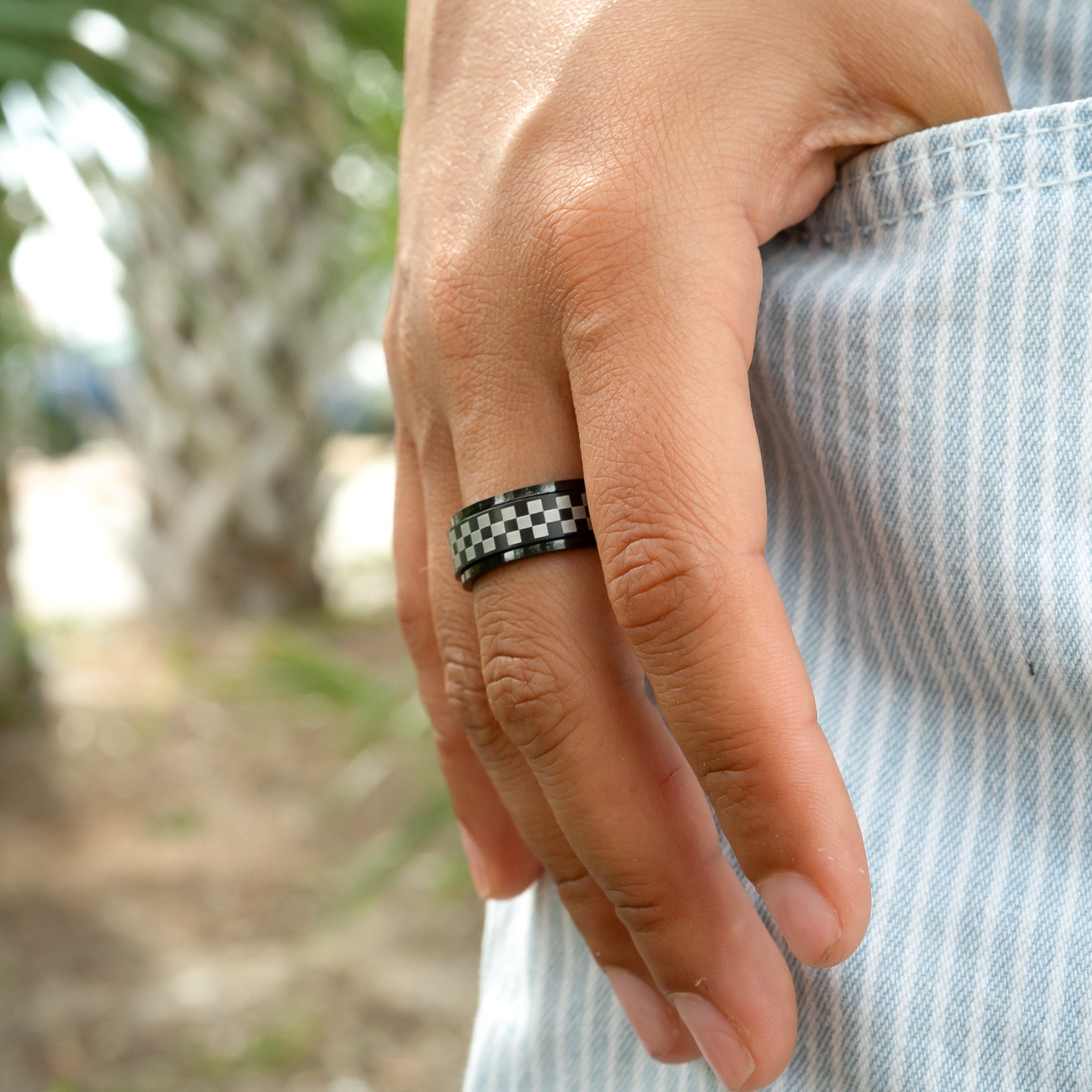 Stainless Steel Black Checker Spinner Ring