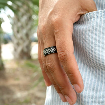 Stainless Steel Black Checker Spinner Ring