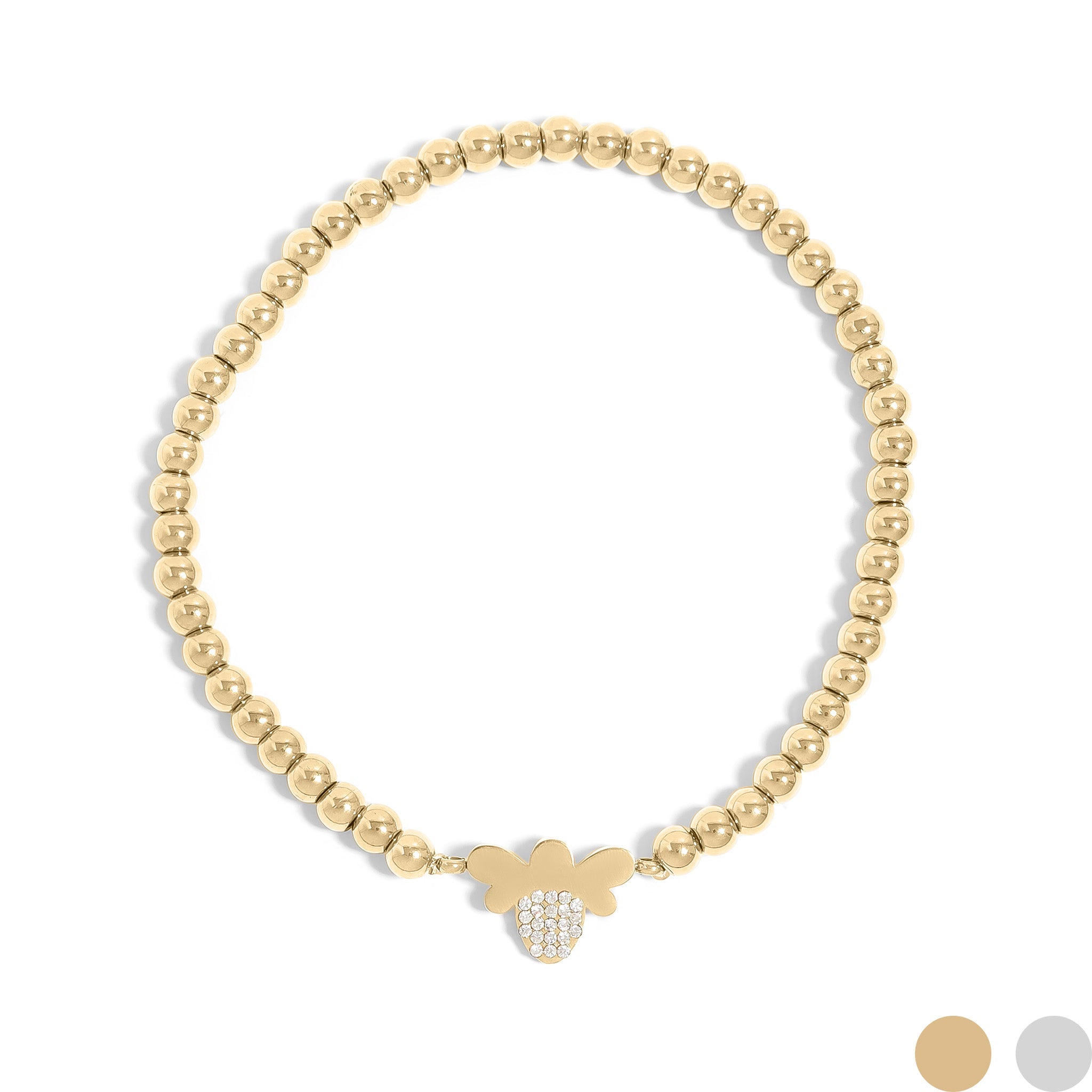 18K Gold PVD Stainless Steel Stone Bee Metal Beaded Stretch Bracelet