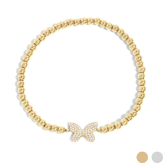 18K Gold PVD Stainless Steel Stone Butterfly Metal Beaded Stretch Bracelet