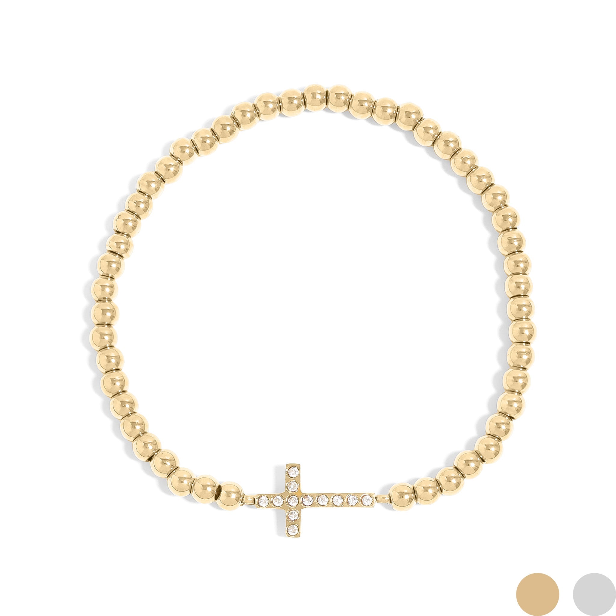 18K Gold PVD Stainless Steel Stone Cross Metal Beaded Stretch Bracelet