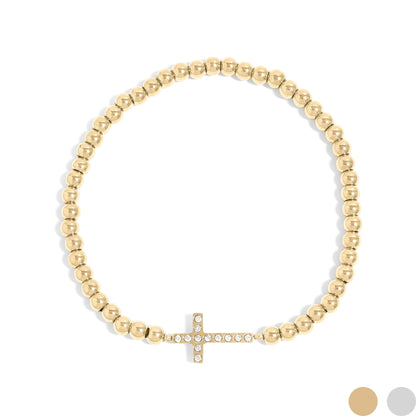 18K Gold PVD Stainless Steel Stone Cross Metal Beaded Stretch Bracelet