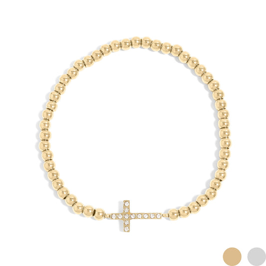 18K Gold PVD Stainless Steel Stone Cross Metal Beaded Stretch Bracelet