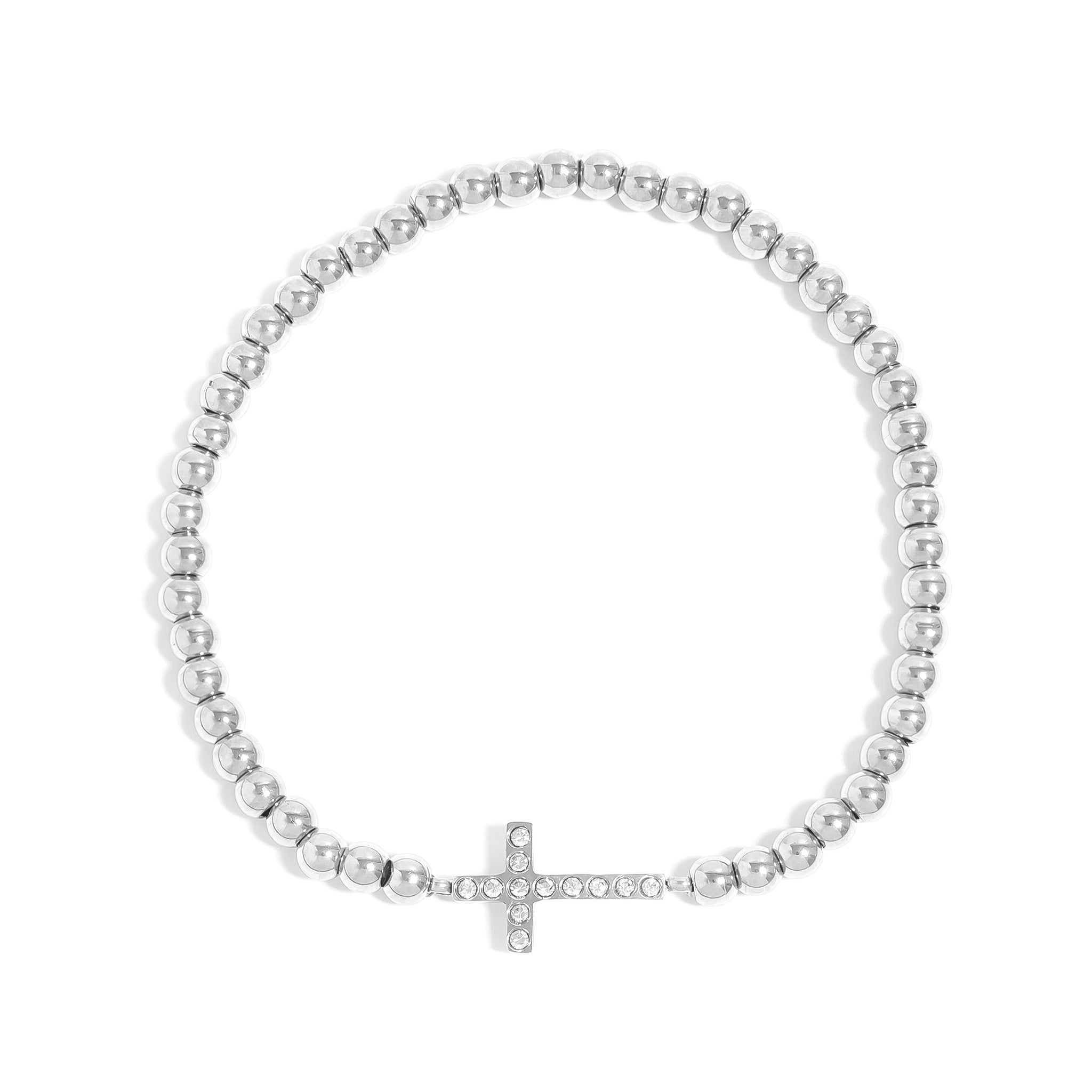 18K Gold PVD Stainless Steel Stone Cross Metal Beaded Stretch Bracelet