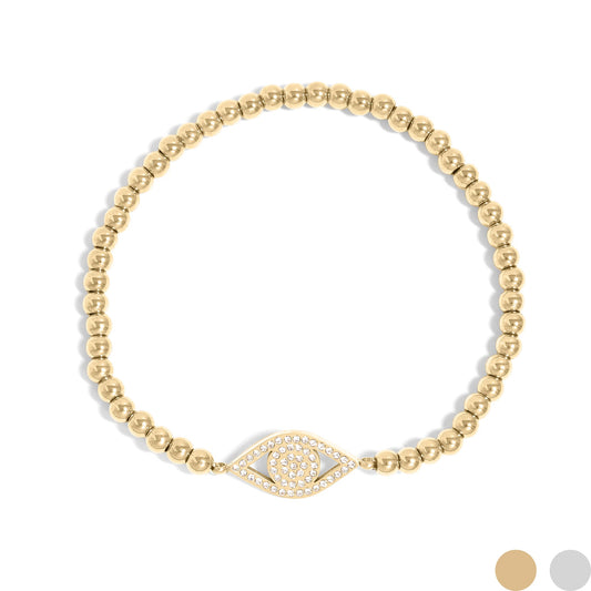 18K Gold PVD Stainless Steel Stone Evil Eye Metal Beaded Stretch Bracelet