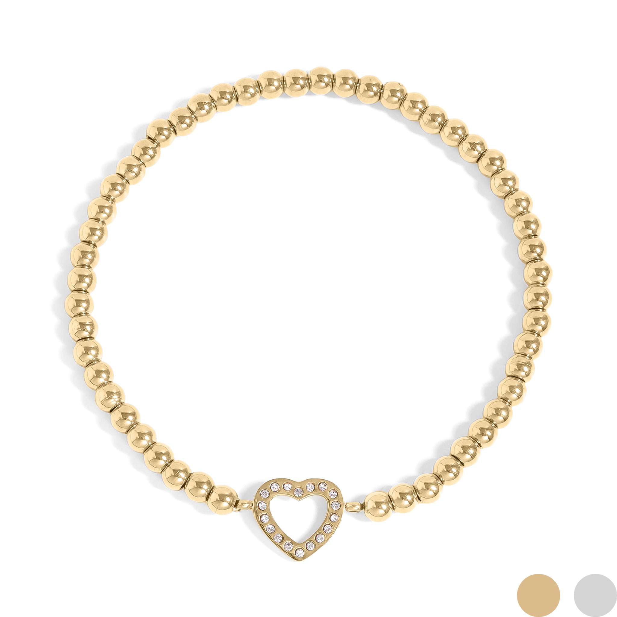 18K Gold PVD Stainless Steel Stone Heart Metal Beaded Stretch Bracelet
