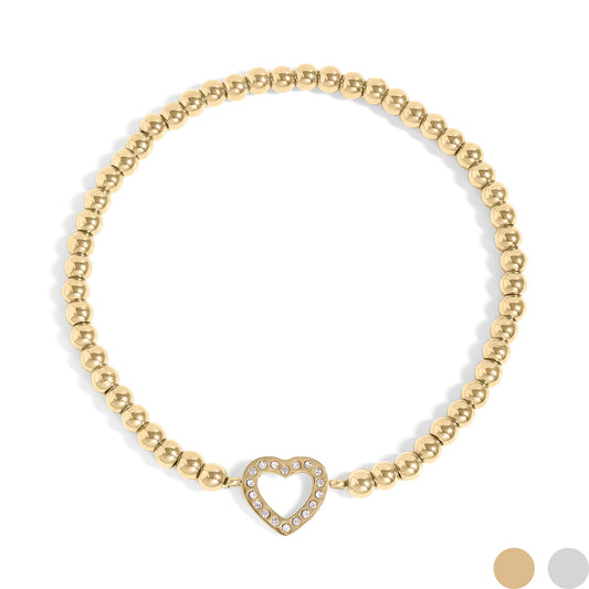 18K Gold PVD Stainless Steel Stone Heart Metal Beaded Stretch Bracelet