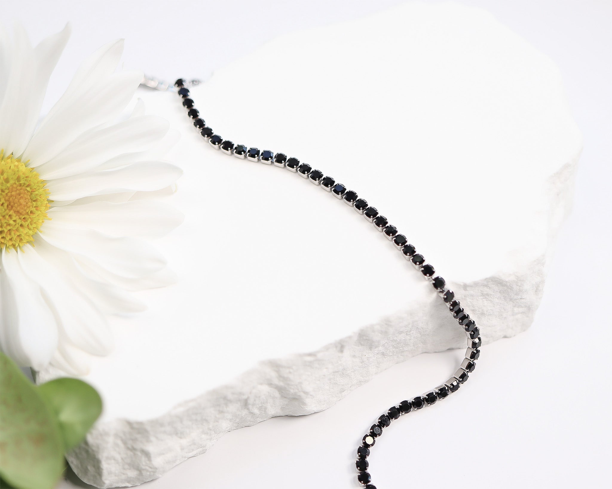 Stainless Steel Jet Rhinestone Tennis Chain Necklace