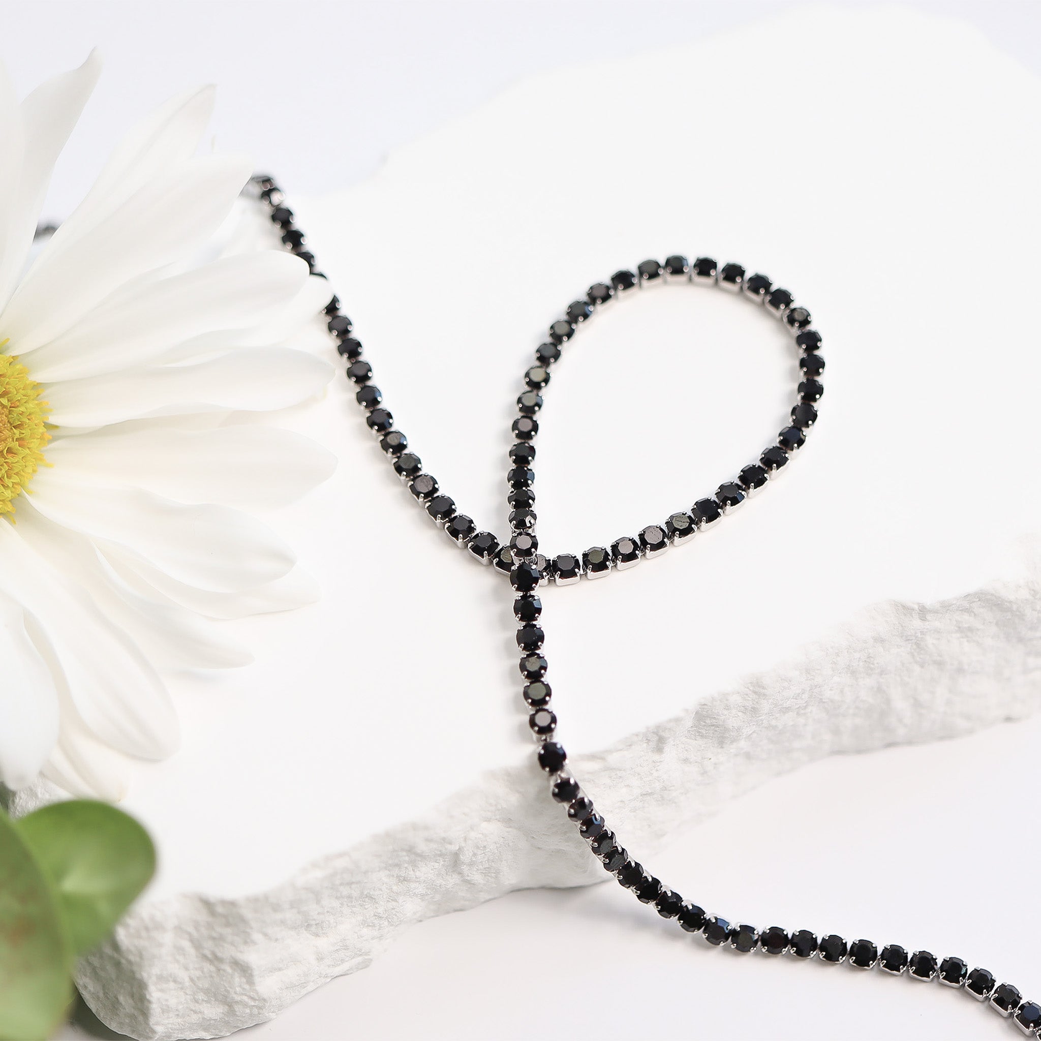 Stainless Steel Jet Rhinestone Tennis Chain Necklace