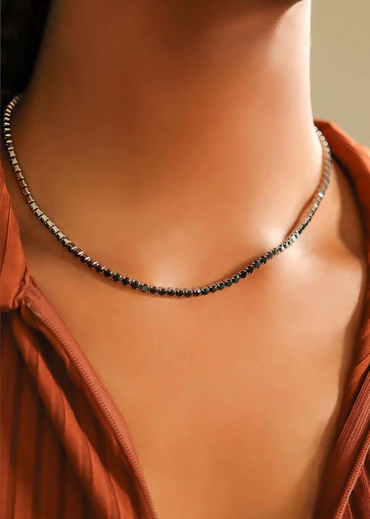 Stainless Steel Jet Rhinestone Tennis Chain Necklace