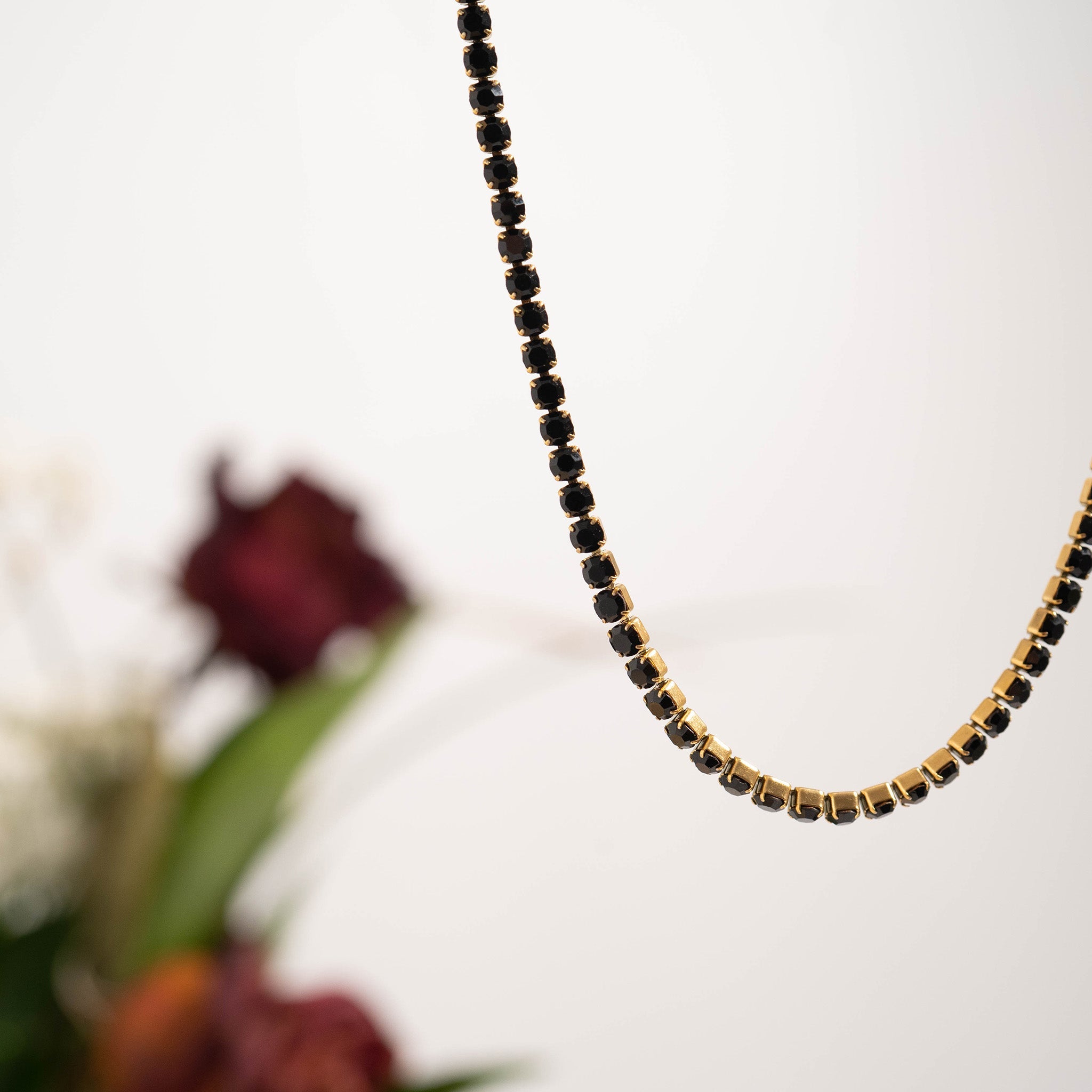 18K Gold PVD Stainless Steel Jet Rhinestone Tennis Chain Necklace With 2" Extension